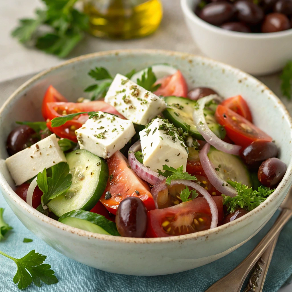 Authentic Greek salad with tomatoes, cucumbers, feta cheese, olives, and red onions