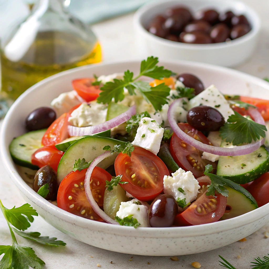 Authentic Greek salad with tomatoes, cucumbers, feta cheese, olives, and red onions
