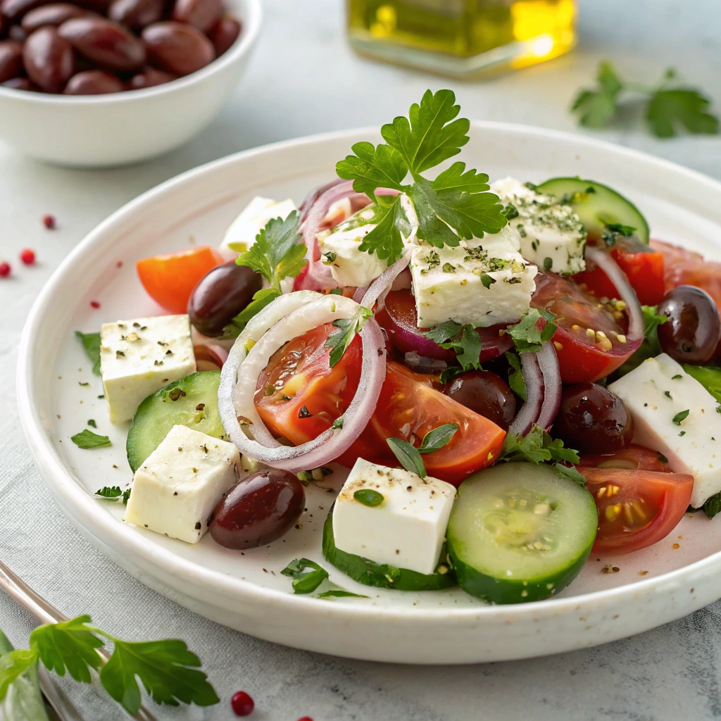 Authentic Greek salad with tomatoes, cucumbers, feta cheese, olives, and red onions