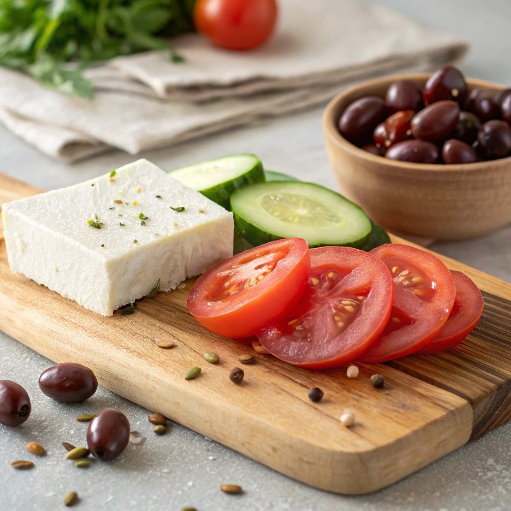 Authentic Greek salad with tomatoes, cucumbers, feta cheese, olives, and red onions