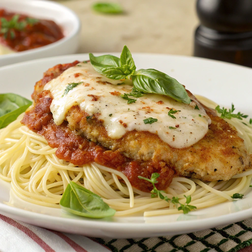 Baked Chicken Parmesan with a golden crispy crust, melted mozzarella cheese, and marinara sauce.