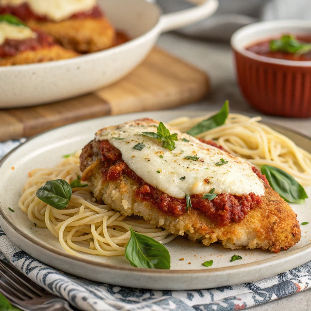 Baked Chicken Parmesan with a golden crispy crust, melted mozzarella cheese, and marinara sauce.