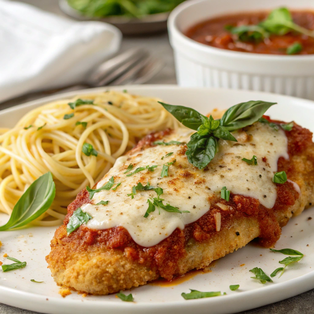 Baked Chicken Parmesan with a golden crispy crust, melted mozzarella cheese, and marinara sauce.