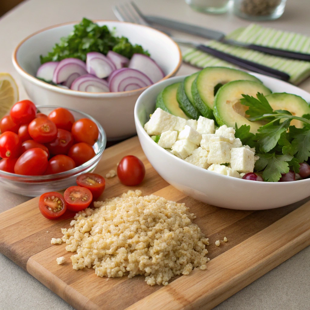 Colorful quinoa salad cups filled with fresh vegetables, herbs, and feta cheese, served in small lettuce or tortilla cups.