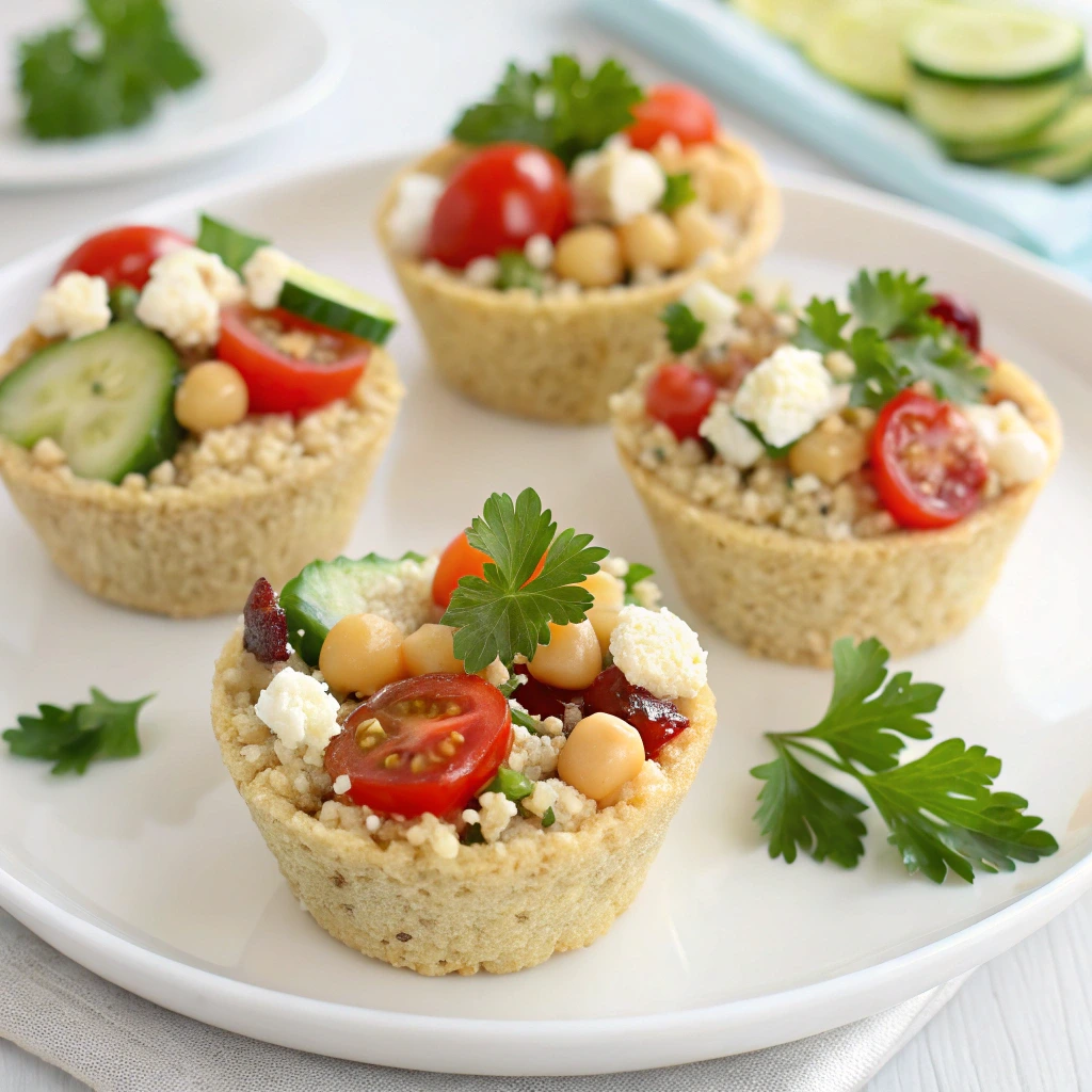 Colorful quinoa salad cups filled with fresh vegetables, herbs, and feta cheese, served in small lettuce or tortilla cups.