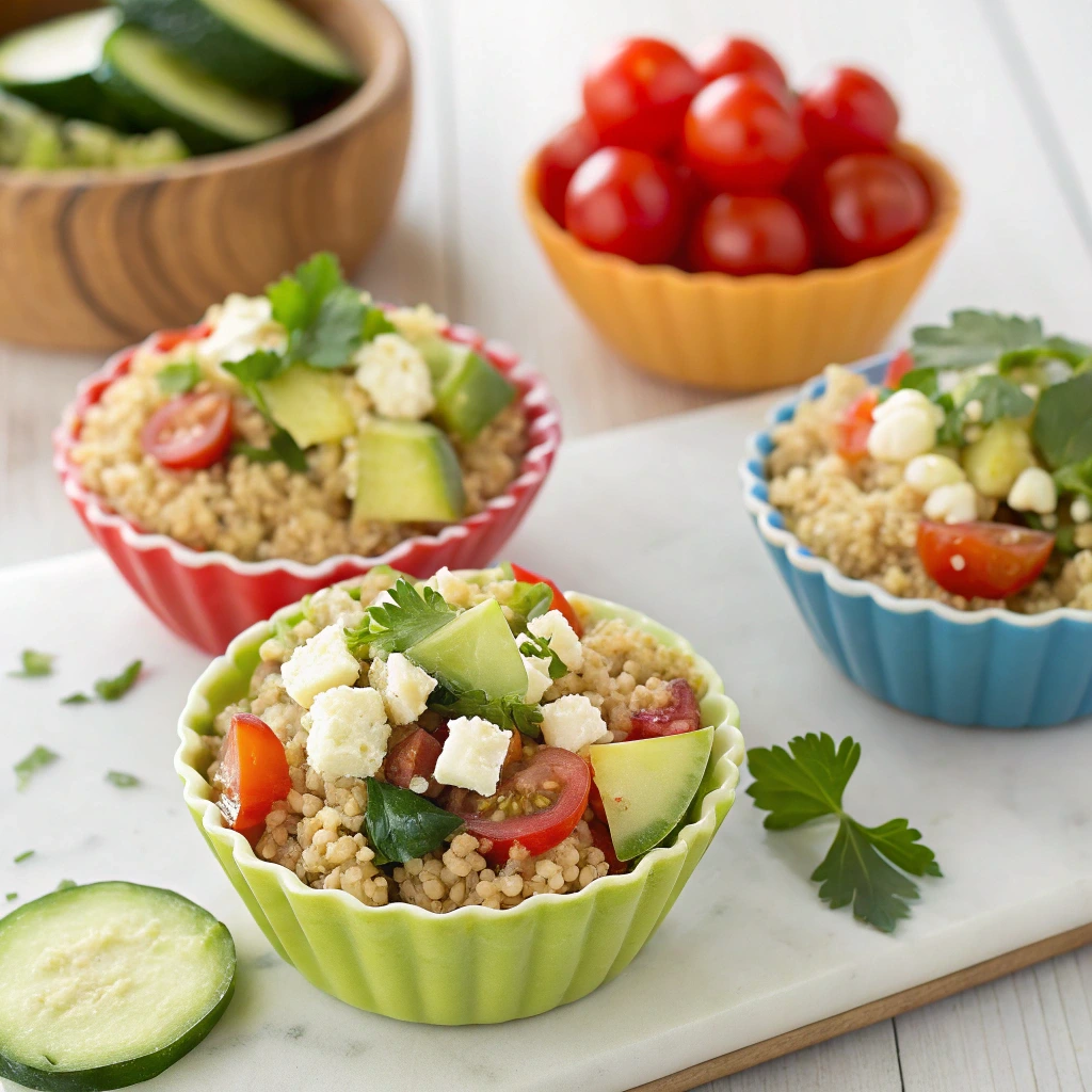 Colorful quinoa salad cups filled with fresh vegetables, herbs, and feta cheese, served in small lettuce or tortilla cups.