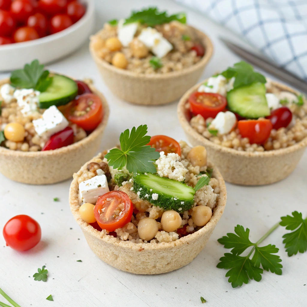 Colorful quinoa salad cups filled with fresh vegetables, herbs, and feta cheese, served in small lettuce or tortilla cups.