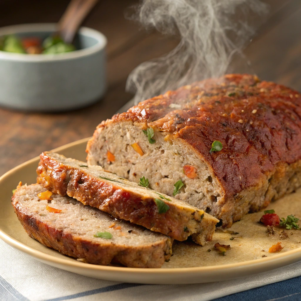 Homemade meatloaf with a tangy glaze, sliced and served with mashed potatoes and green beans