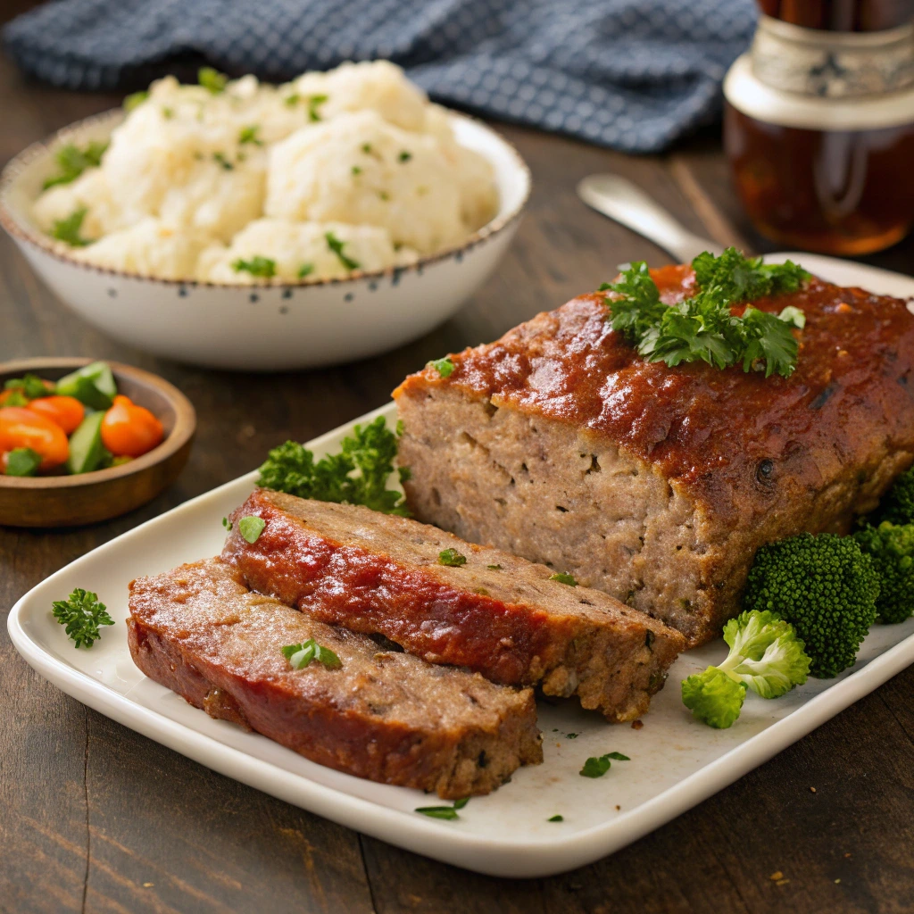 Homemade meatloaf with a tangy glaze, sliced and served with mashed potatoes and green beans
