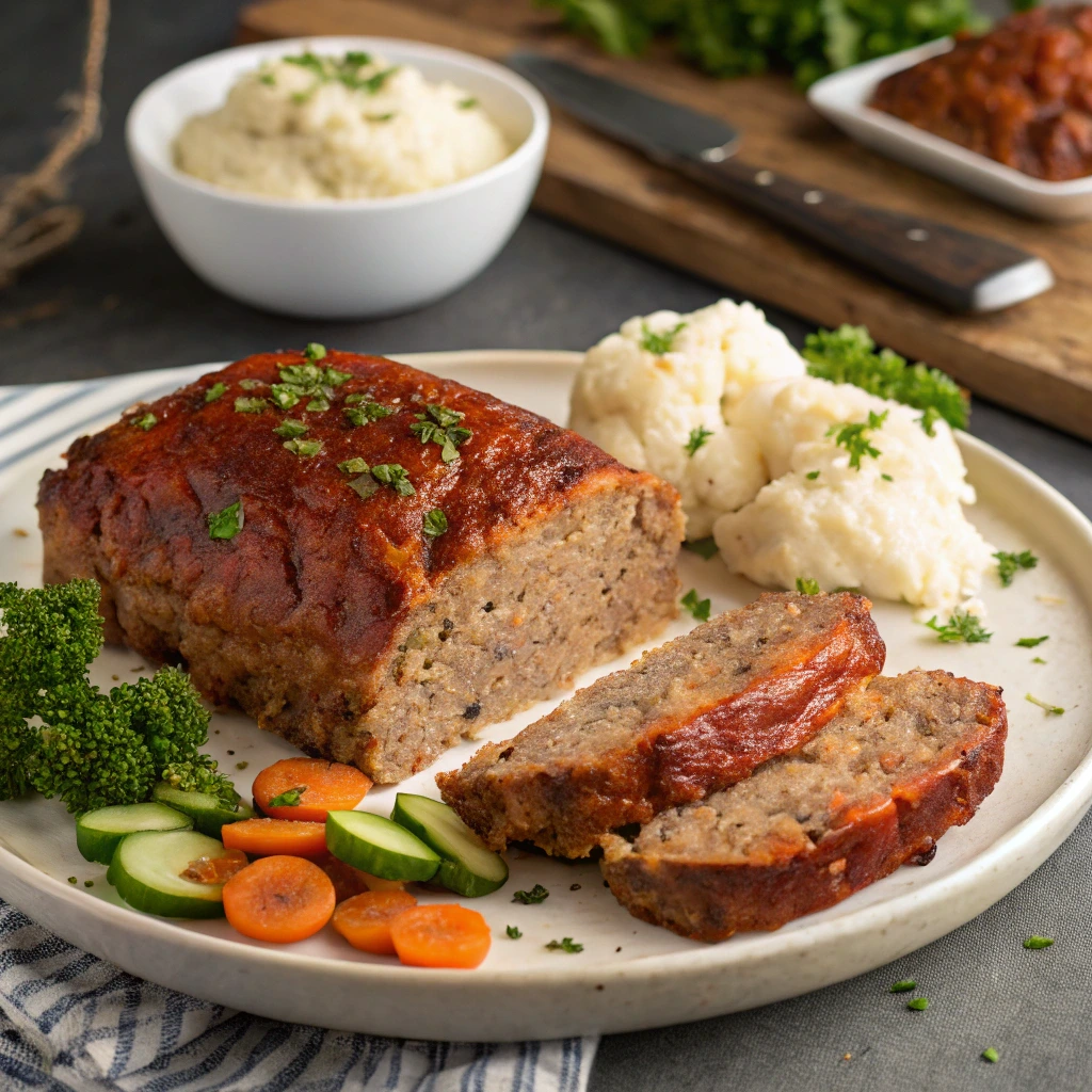 Homemade meatloaf with a tangy glaze, sliced and served with mashed potatoes and green beans